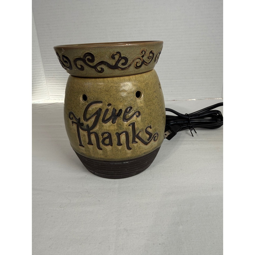 Give Thanks Electric Wax Warmer Ceramic Rustic Harvest Thanksgiving Decor Green
